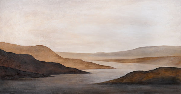 The painting “Soft Dawn” is an abstract landscape in delicate natural tones