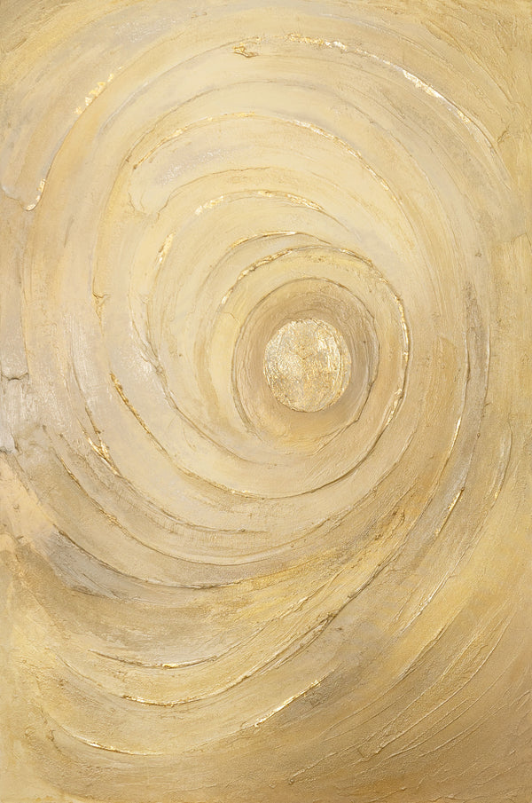 The painting “Circles of Time” is an abstract work with a voluminous texture in warm shades of gold