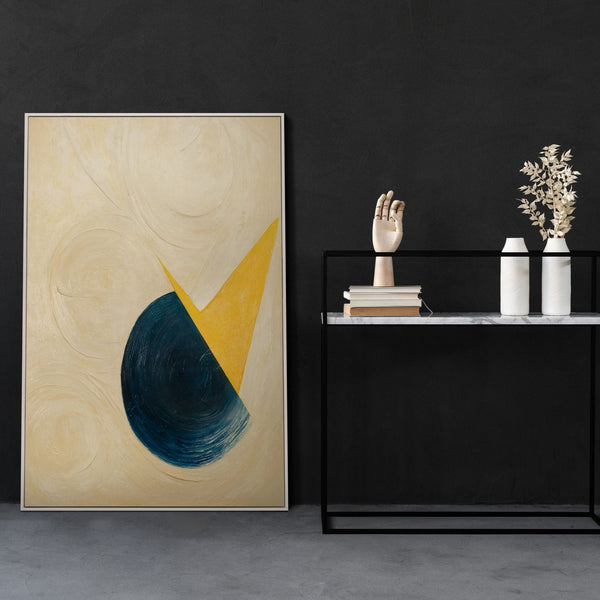 The painting “Horizon Cut” is a contrasting geometric composition with minimalist content