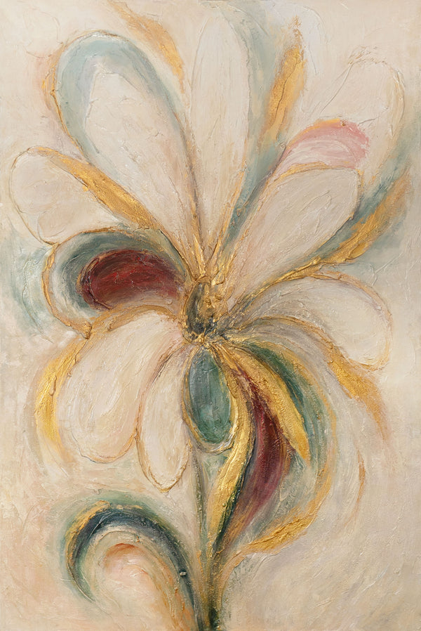 The painting “Flower Energy” — a textured abstraction in the shape of a flower