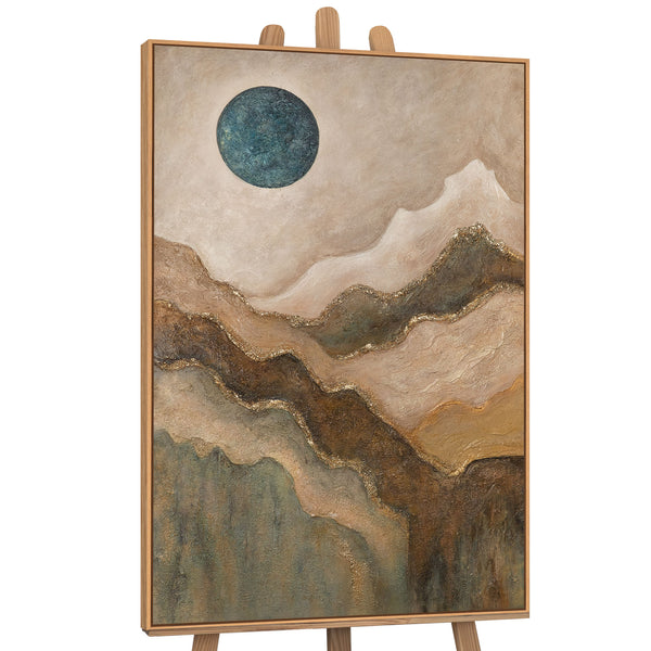The painting “Emerald Sun” is an abstract landscape with moonlight