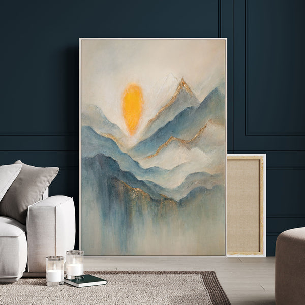 The painting “Dawn in the Clouds” depicts dawn over mountain peaks in shades of blue and gold
