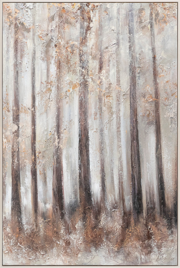 The painting "Silence in the Fog" is an abstract forest landscape in vertical rhythm