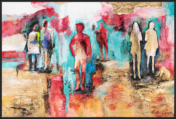 The painting "Mirages of Presence" is an abstraction with figurative silhouettes and a bright color rhythm