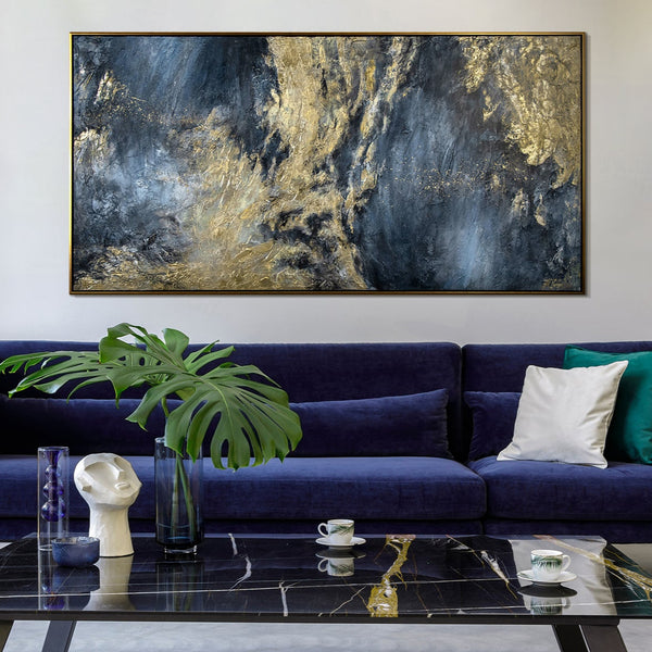 The painting "Reflections II" is a deep abstraction with a golden rhythm