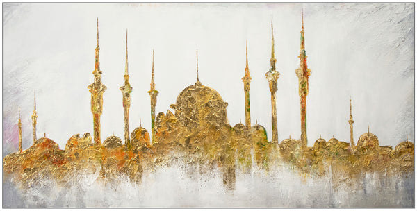 The painting "Golden City" is an abstract architectural composition with an oriental flavor