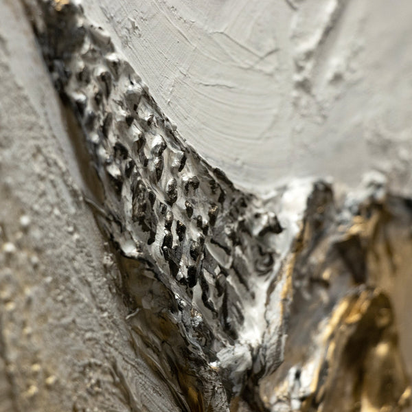 The painting "Tsunami" is an abstract triptych in gold and silver tones