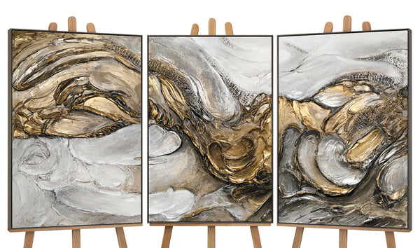 The painting "Tsunami" is an abstract triptych in gold and silver tones
