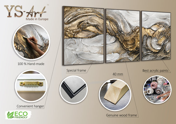 The painting "Tsunami" is an abstract triptych in gold and silver tones