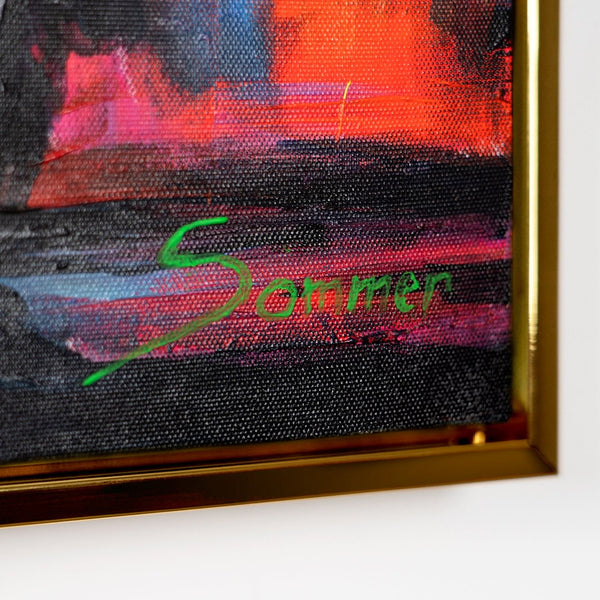 The painting "City of Faces" is an abstract naivism with graphic characters