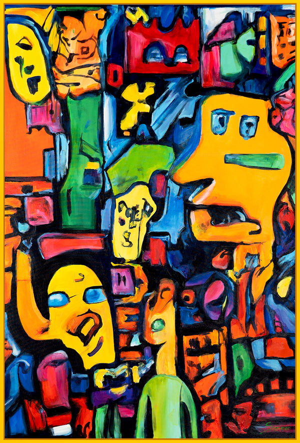 The painting "City of Faces" is an abstract naivism with graphic characters
