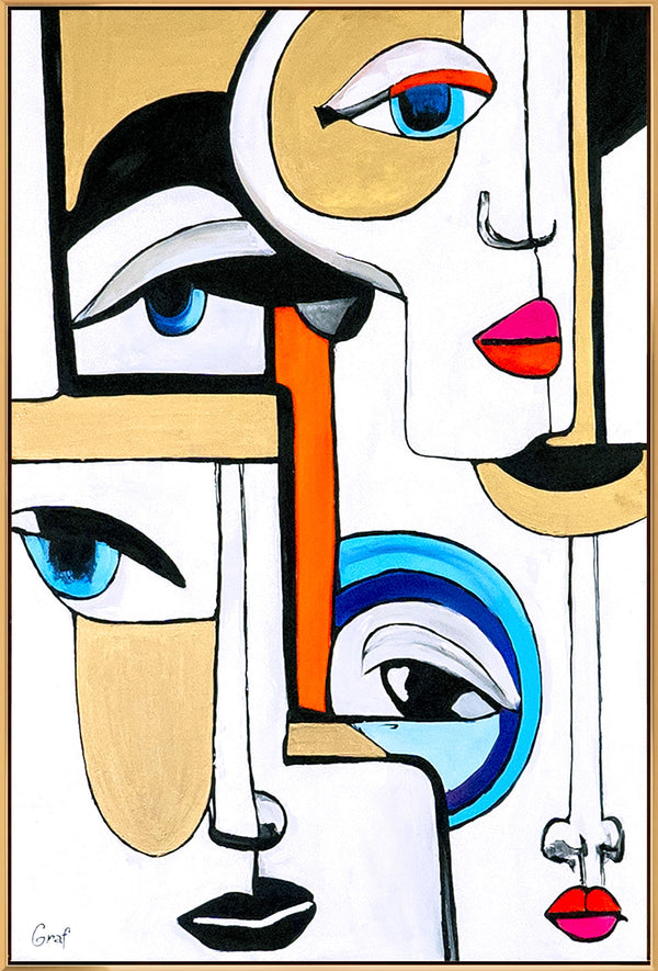 The painting "In the Rhythm of Gazes" is an abstract portrait in the style of Cubism