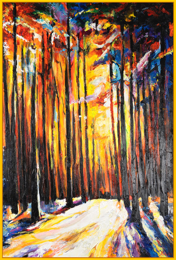 The painting "Sunny Forest" is an expressive landscape in a warm palette