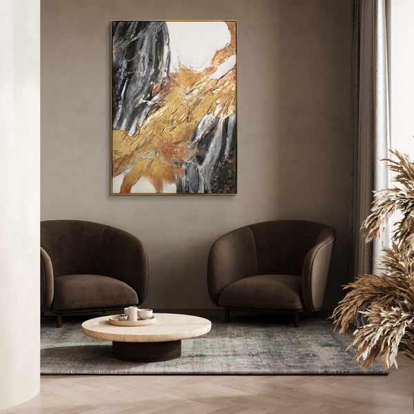 The painting "Gold Vein" is an abstraction with the energy of minerals and light