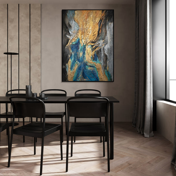 The painting "Flow of Elements" is an abstraction with deep reliefs and bright contrasts