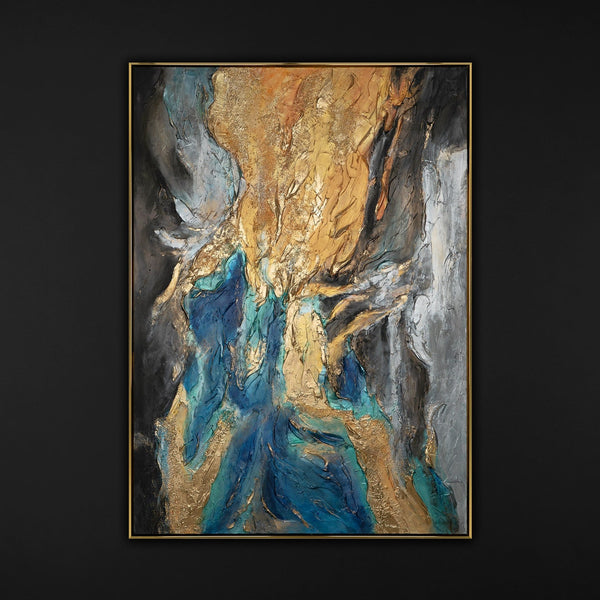 The painting "Flow of Elements" is an abstraction with deep reliefs and bright contrasts
