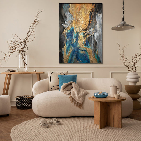 The painting "Flow of Elements" is an abstraction with deep reliefs and bright contrasts