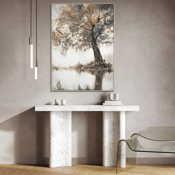 The painting "Autumn Silence" is a lyrical landscape in muted tones