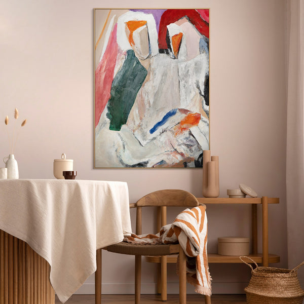 The painting "Shared Silence" is an abstract figurative composition with a warm subtext.