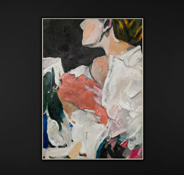 The painting "A Moment of Tenderness" is an expressive female image in fragments