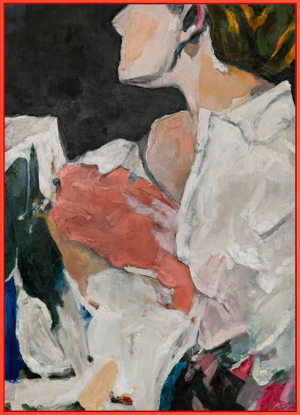 The painting "A Moment of Tenderness" is an expressive female image in fragments