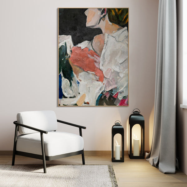 The painting "A Moment of Tenderness" is an expressive female image in fragments
