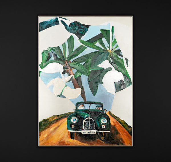 The painting "Retro Journey" is a nostalgic scene with a tropical mood