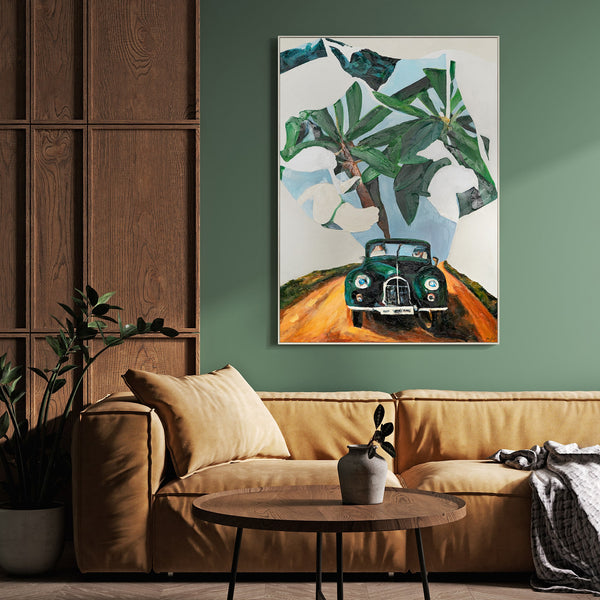 The painting "Retro Journey" is a nostalgic scene with a tropical mood