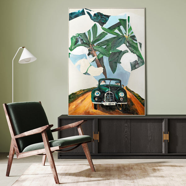The painting "Retro Journey" is a nostalgic scene with a tropical mood