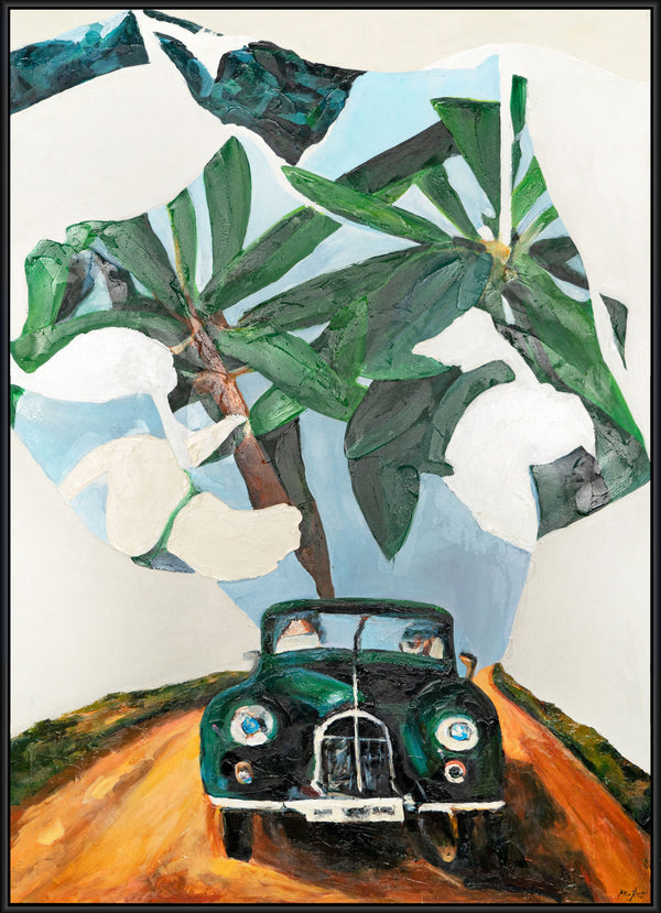The painting "Retro Journey" is a nostalgic scene with a tropical mood
