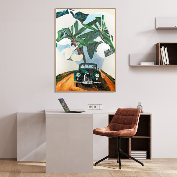 The painting "Retro Journey" is a nostalgic scene with a tropical mood