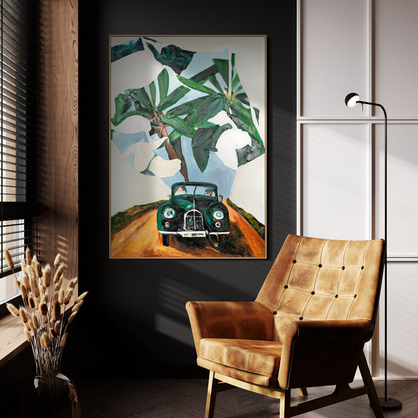 The painting "Retro Journey" is a nostalgic scene with a tropical mood