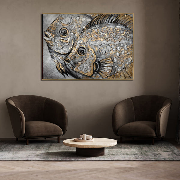 The painting "Couple in the Depths" is a relief animal abstraction in silver and gold tones.
