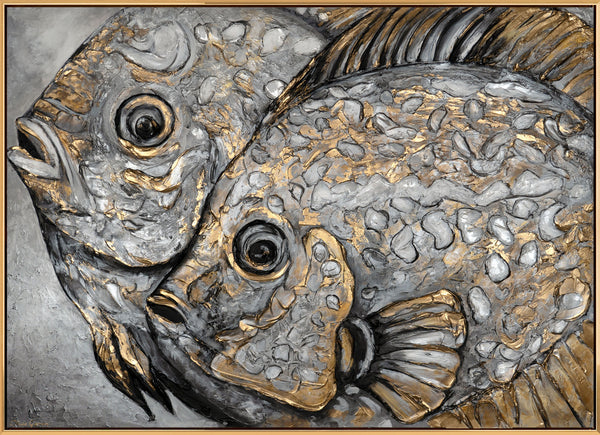 The painting "Couple in the Depths" is a relief animal abstraction in silver and gold tones.