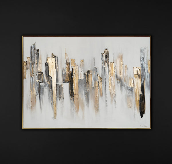 The painting "Urban Rhythms" is an abstraction with architectural geometry