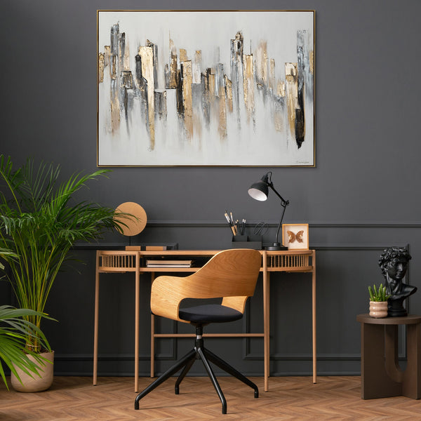 The painting "Urban Rhythms" is an abstraction with architectural geometry