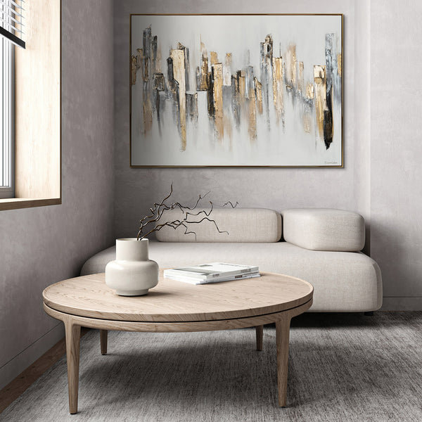 The painting "Urban Rhythms" is an abstraction with architectural geometry