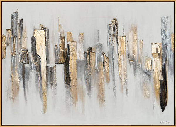 The painting "Urban Rhythms" is an abstraction with architectural geometry