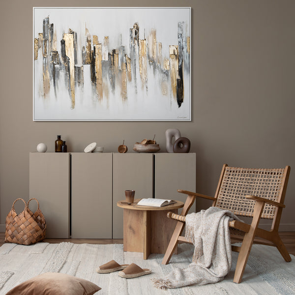 The painting "Urban Rhythms" is an abstraction with architectural geometry