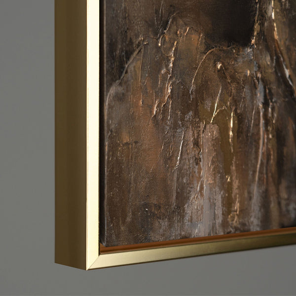 The painting "Copper Silence" is an abstract landscape in warm metallic tones.