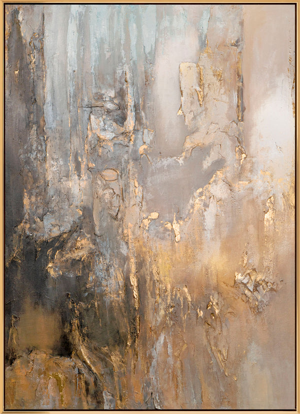The painting "Copper Silence" is an abstract landscape in warm metallic tones.