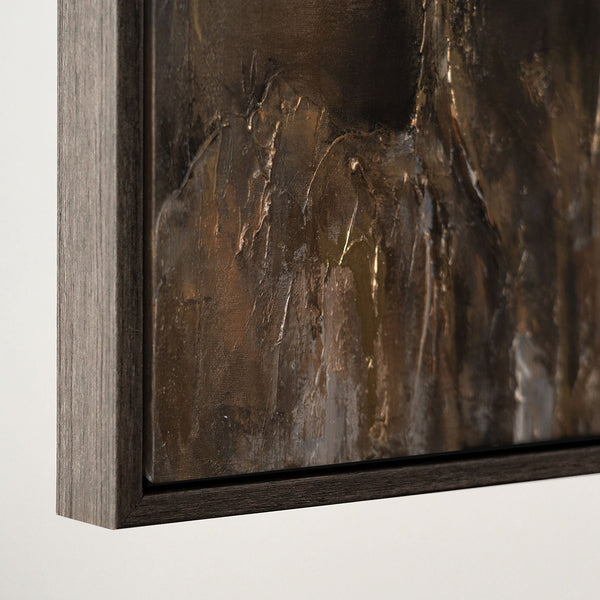 The painting "Copper Silence" is an abstract landscape in warm metallic tones.