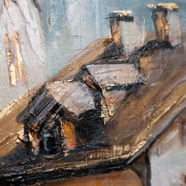 The painting "Sunny Peaks" - a mountain village with a view of the Alps