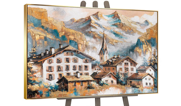 The painting "Sunny Peaks" - a mountain village with a view of the Alps