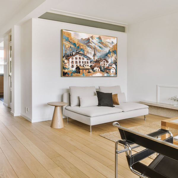 The painting "Sunny Peaks" - a mountain village with a view of the Alps