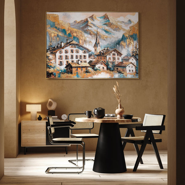 The painting "Sunny Peaks" - a mountain village with a view of the Alps