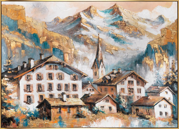 The painting "Sunny Peaks" - a mountain village with a view of the Alps