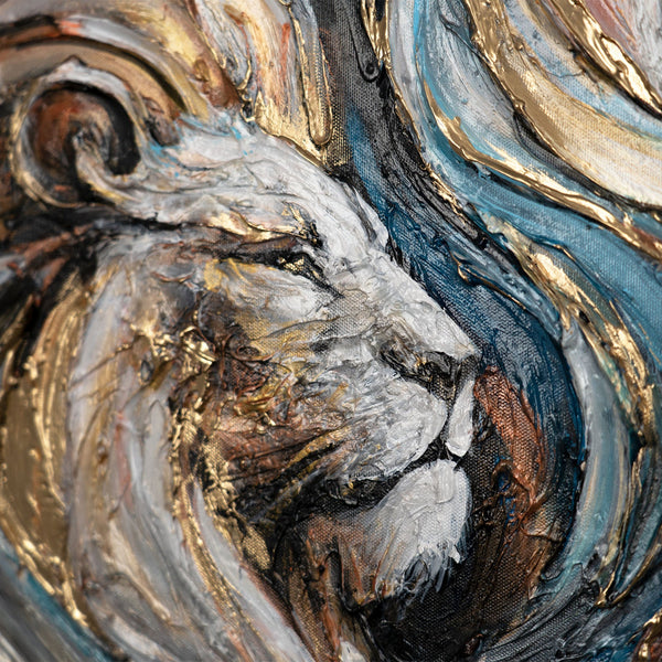 The painting "Dynasty of Power" is an abstraction with lions and dynamics of forms