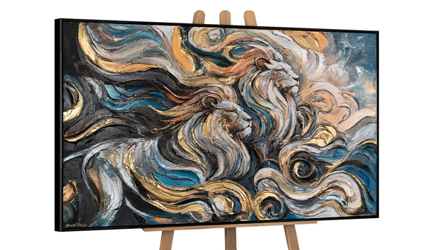 The painting "Dynasty of Power" is an abstraction with lions and dynamics of forms