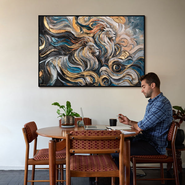 The painting "Dynasty of Power" is an abstraction with lions and dynamics of forms